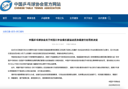 球员输球摔拍，中国乒协公布处罚决定！国家队要求其深刻检讨，随后将另行处理
