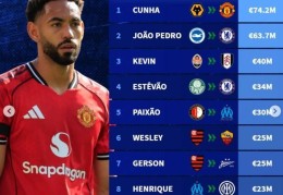 今夏巴西球员转会费榜：库尼亚压佩德罗居首 埃斯特旺amp;安东尼在列